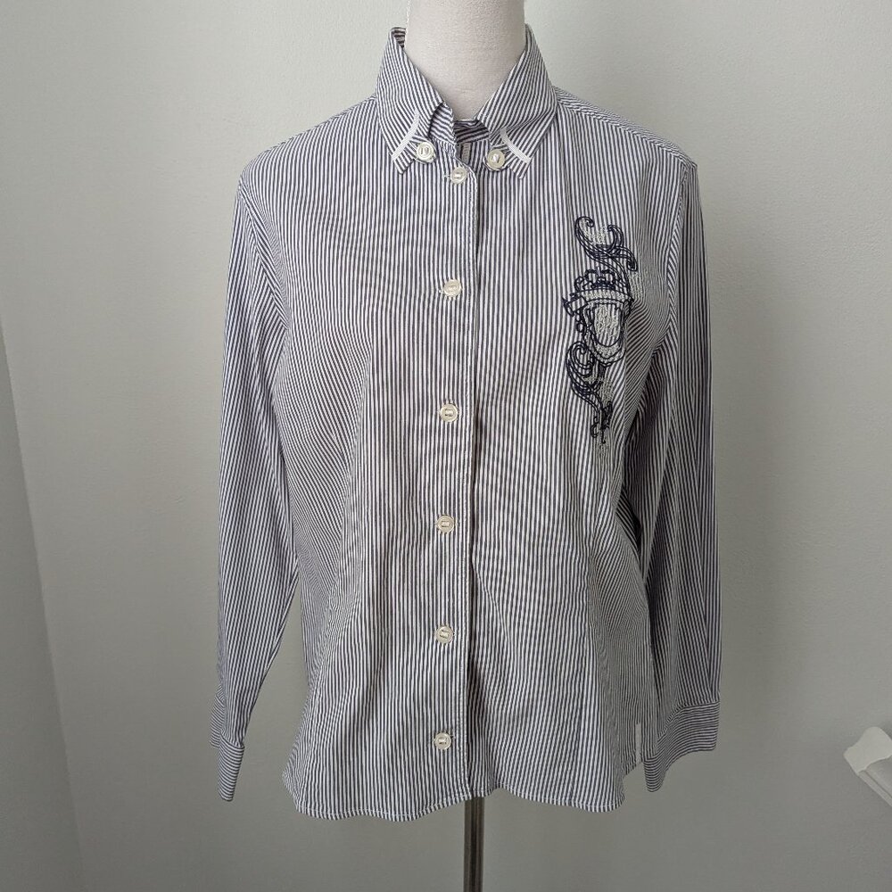 Bianca Women's Blue & White Striped Button Down Shirt, 14